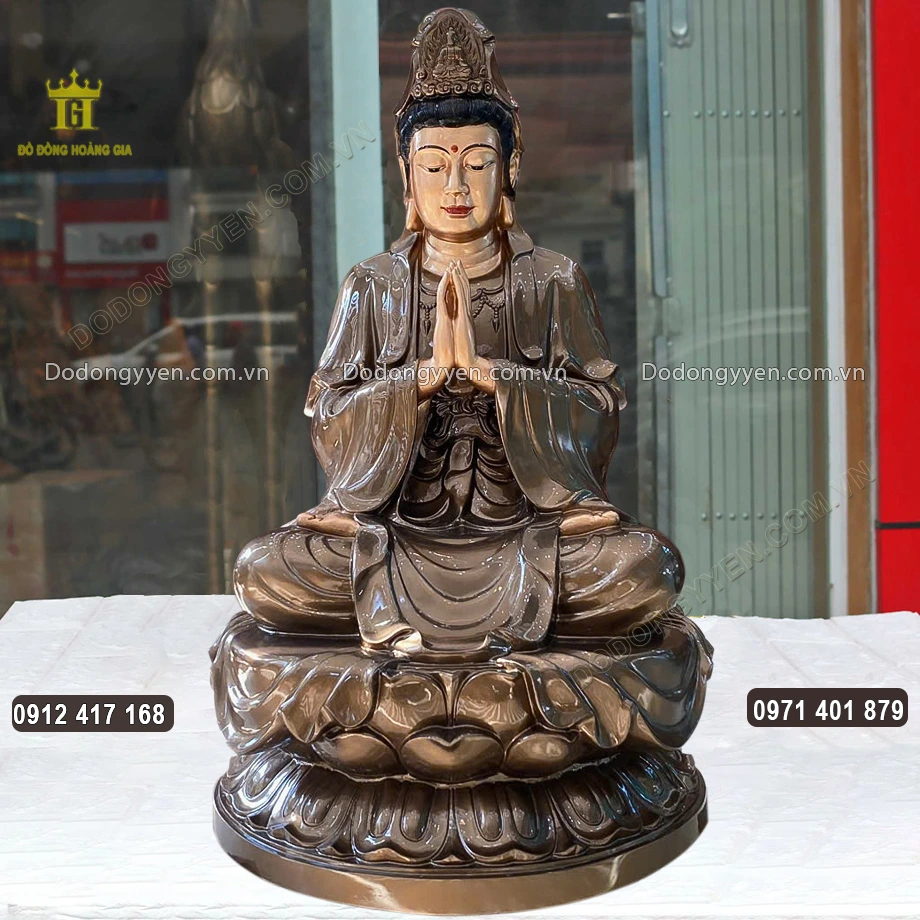 Tượng Phật B&agrave; Quan &Acirc;m Ngồi Đ&agrave;i Sen Bằng Đồng Đỏ L&agrave;m M&agrave;u